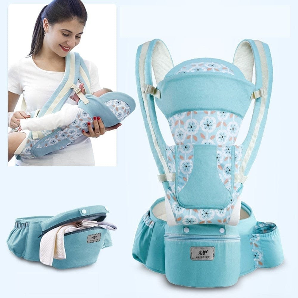 Blue floral hipseat baby carrier with detachable parts for flexible carrying and easy cleaning.