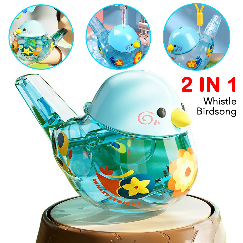 Blue bird whistle with three close-ups and a 2 in 1 whistle and birdsong label