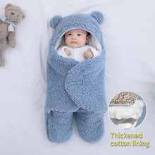 Blue fluffy Thick Fleece Newborn Sleep Bag swaddle with cotton lining for newborn warmth and settled overnight sleep.