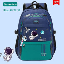 Blue and green astronaut kids orthopedic backpack, waterproof for school runs in changeable weather.