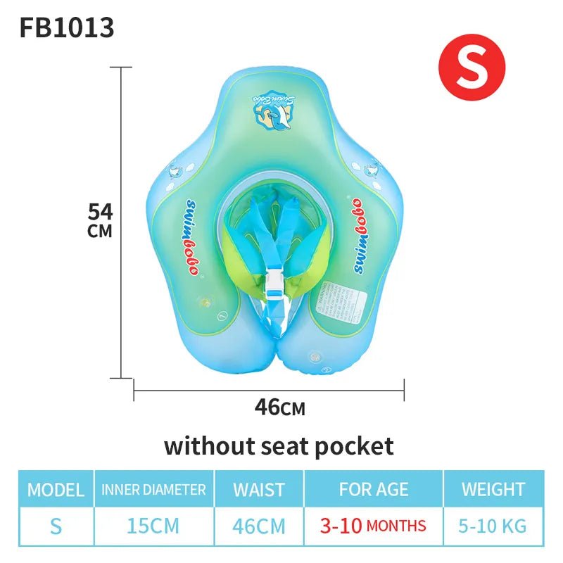 Blue and green infant swim vest shown with size label and measurements for fitting.