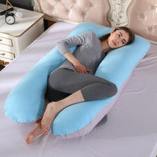 Blue and grey U shaped pregnancy body pillow for side sleep and steady bed comfort each night.