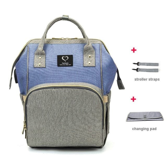 Blue and grey USB Large Capacity Nappy Bag waterproof mom backpack for organised baby essentials on daily outings.