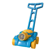 Battery operated lawn mower bubble blower with blue handle for toddler push-along outdoor play.