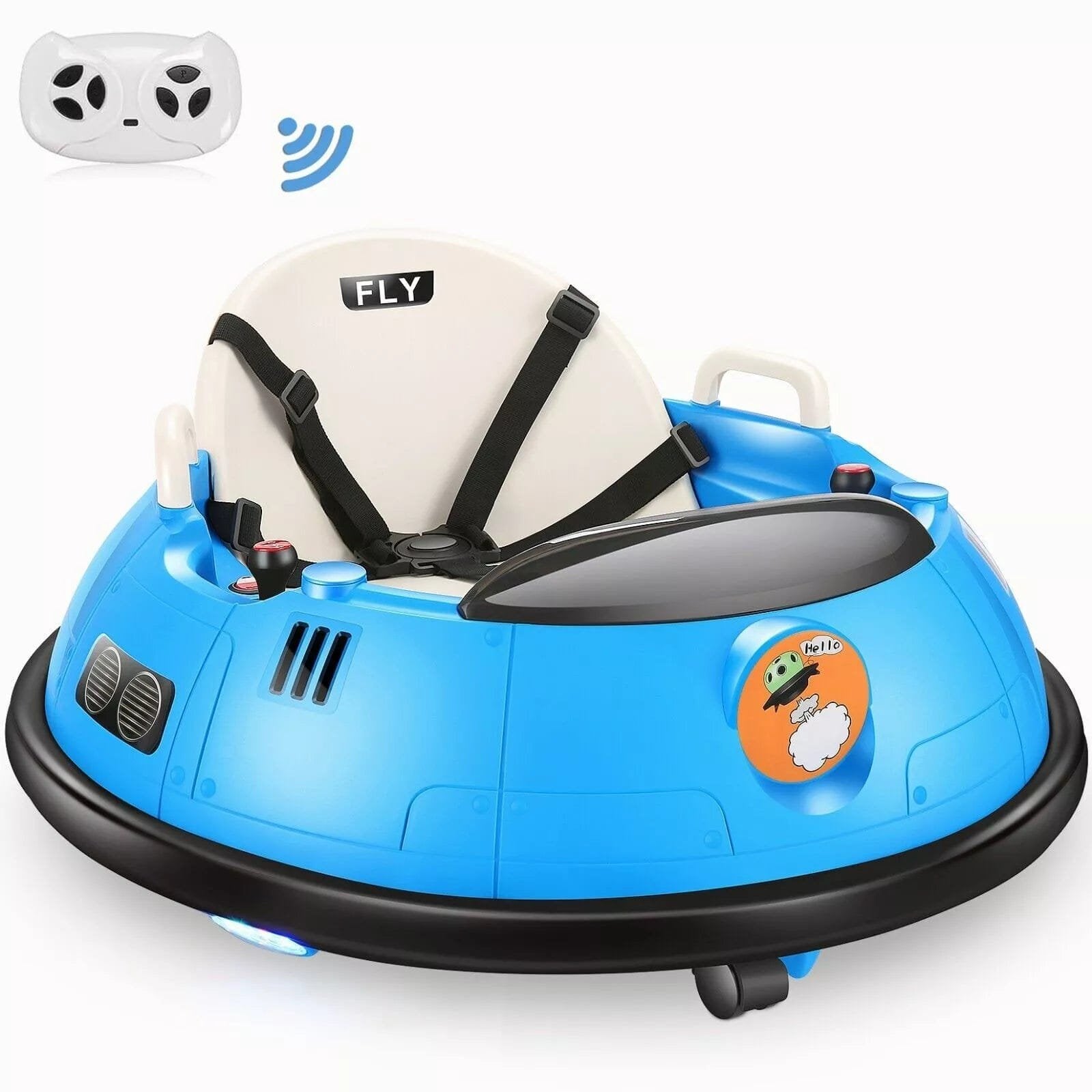 Blue Kids Ride-On Bumper Car with remote control for toddler-friendly guided rides.
