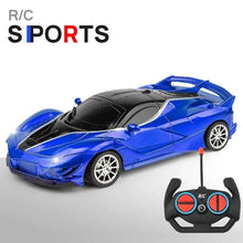 Blue LED RC sports drift car with remote for high-speed racing and birthday gifting.
