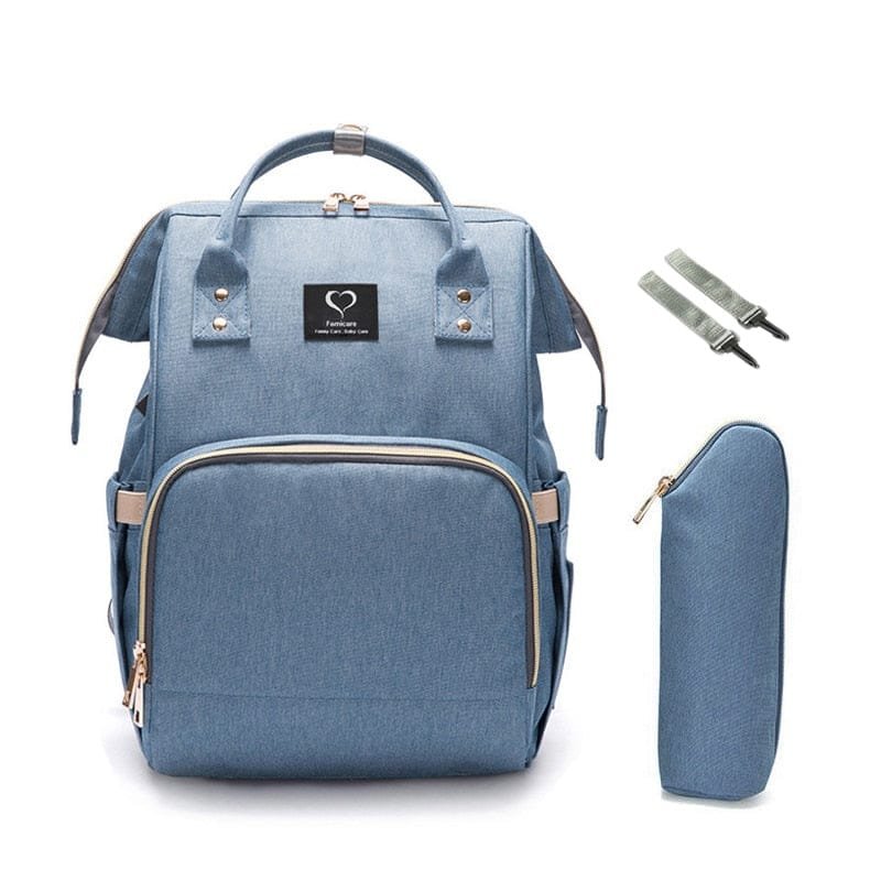 Blue maternity stroller handbag and nursing backpack with pouch and straps for organised baby care during walks and travel.