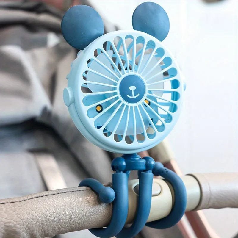 Blue octopus stroller fan mounted clip-free on a rod, offering hands-free airflow during pram walks and travel.