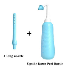 Blue peri bottle with long nozzle for easy reach postpartum cleansing without straining after childbirth.