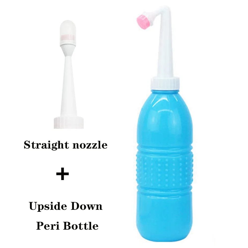 Blue peri bottle with straight nozzle for inverted use, making postpartum perineal care simpler after birth.
