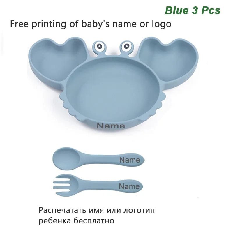 Personalized Baby Crab Plate Set in blue with suction bowl, spoon, and fork for weaning and daily meals.