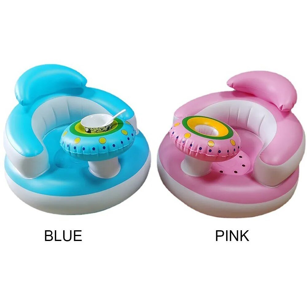 Blue and Pink Inflatable Baby Chair Sofa comparison for parents choosing a portable feeding seat.