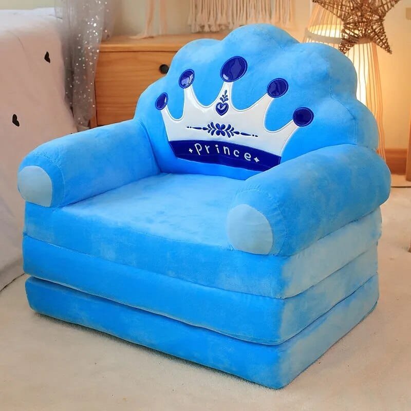 Blue prince plush stuffed animal baby support seat with crown design for playful nursery styling.