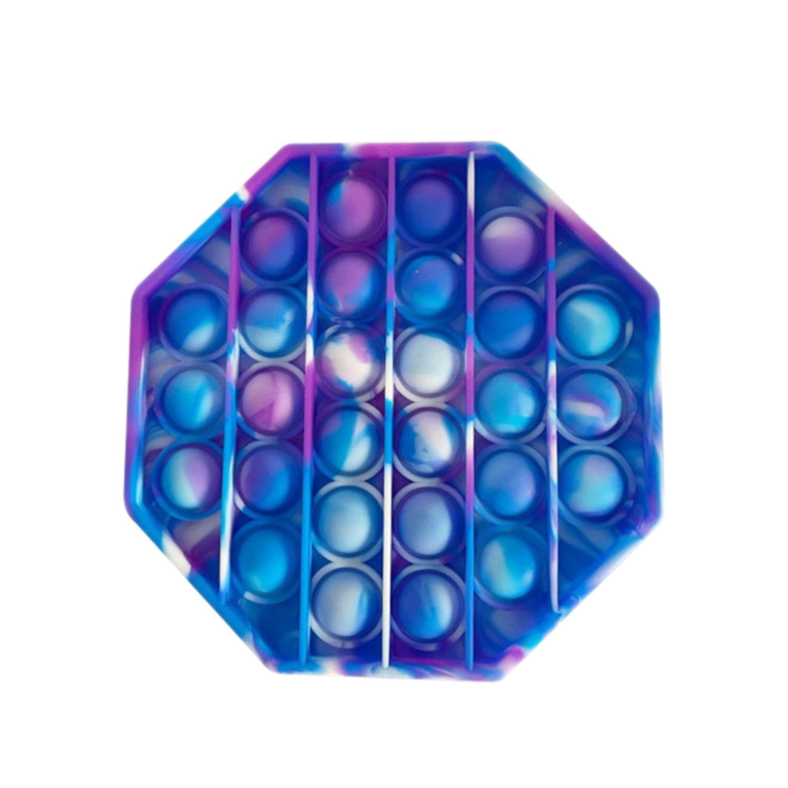 Blue and purple hexagon push pop bubble sensory toy for calming stress relief play.