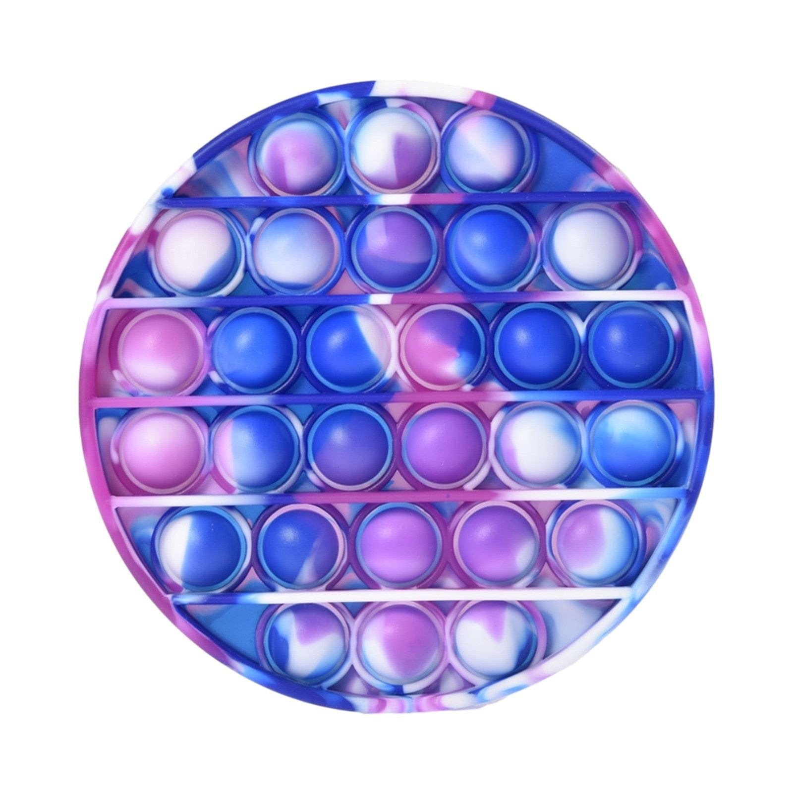Blue and purple push pop bubble sensory toy round shape for stress relief play.