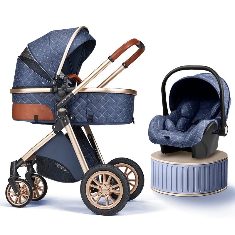 Blue quilted 3-in-1 baby stroller with under-seat storage basket for daily outings.
