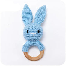 Blue rabbit cloud crochet wooden baby rattle and teether ring, a colour option for baby boy gifting.