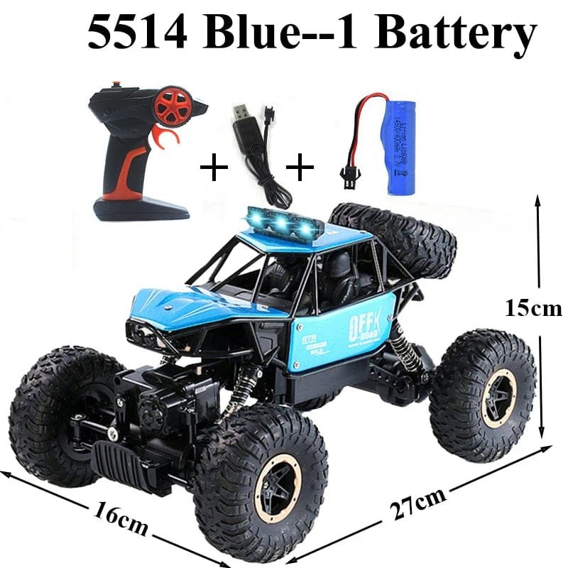 Measurements and parts of the blue RC crawler bubble truck to help choose the right size toy for children.