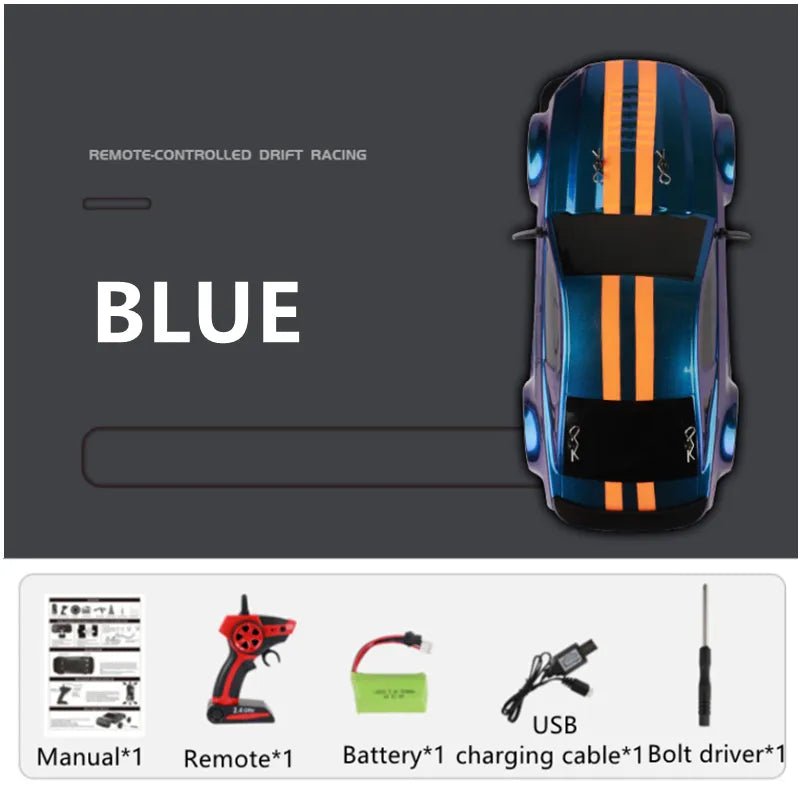 Blue RC drift car with racing stripes built for grip-and-slide drifting fun.