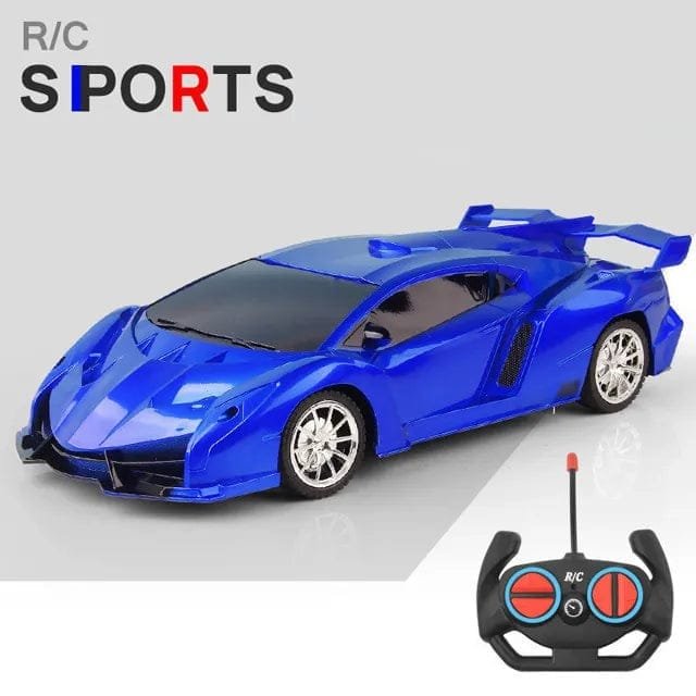 Blue RC drift sports car with remote and LED lights for fast racing and driveway drifting.