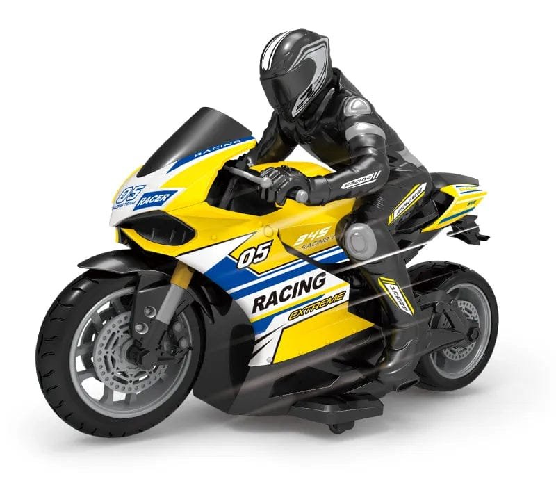 Blue 4CH radio control motorcycle with rider figure, a toy bike for garden racing and skill building.