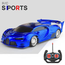 Blue RC sports drift racer with remote and LED lights for high-speed outdoor racing.