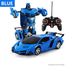 Blue RC transforming robot car stunt toy for active remote-controlled kids play.