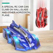 Wall-Climbing RC Car in blue and red with LED lights for remote control drift racing and wall-crawling stunts.