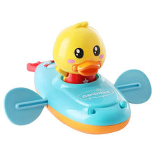 Floating Duck riding a blue rowing boat bath toy for tub time play and splash fun.