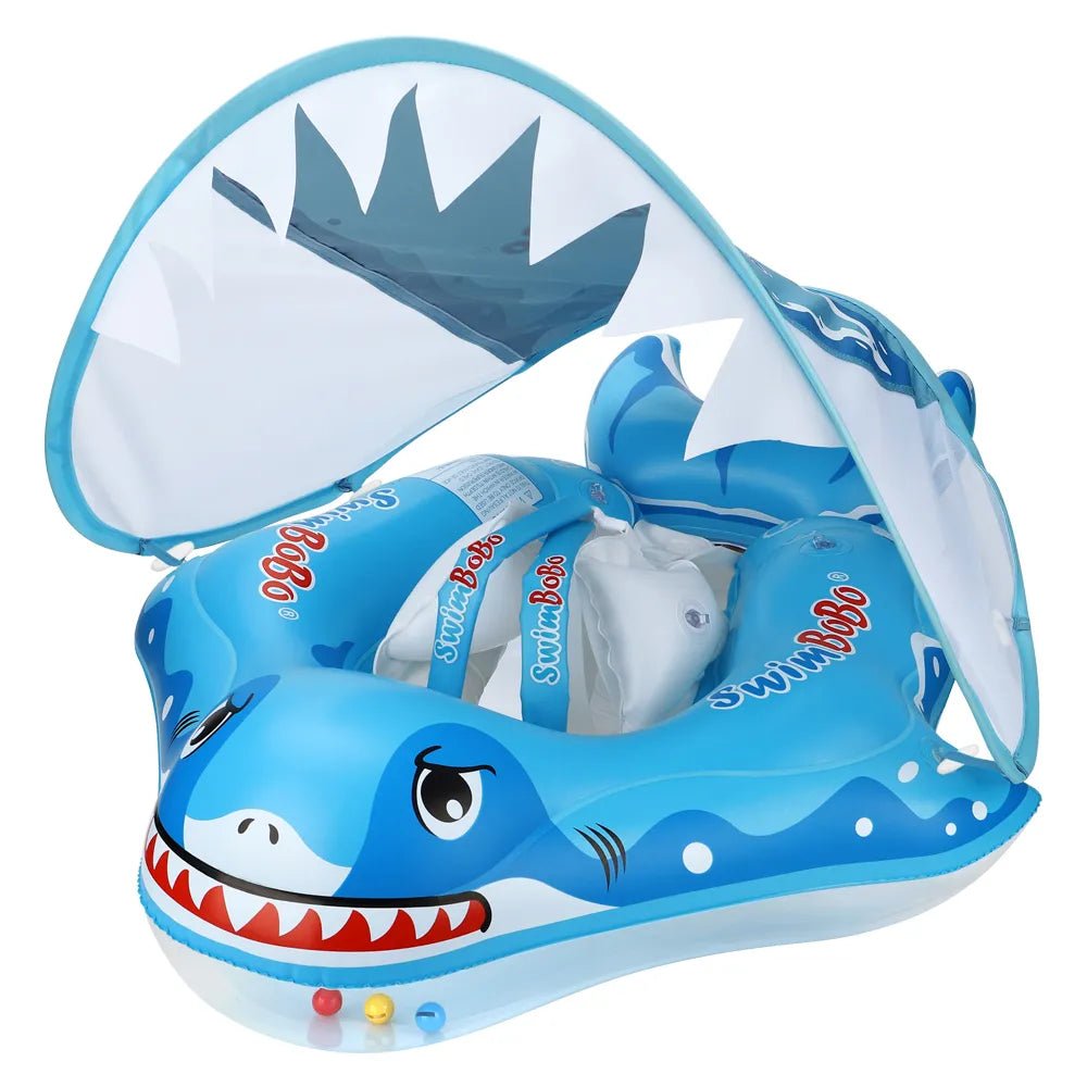 Blue shark-shaped inflatable baby swim float ring with canopy for summer pool play.