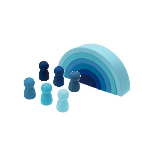 Blue Silicone Rainbow Blocks with peg dolls for early learning games, role play, and gifting to babies and toddlers.
