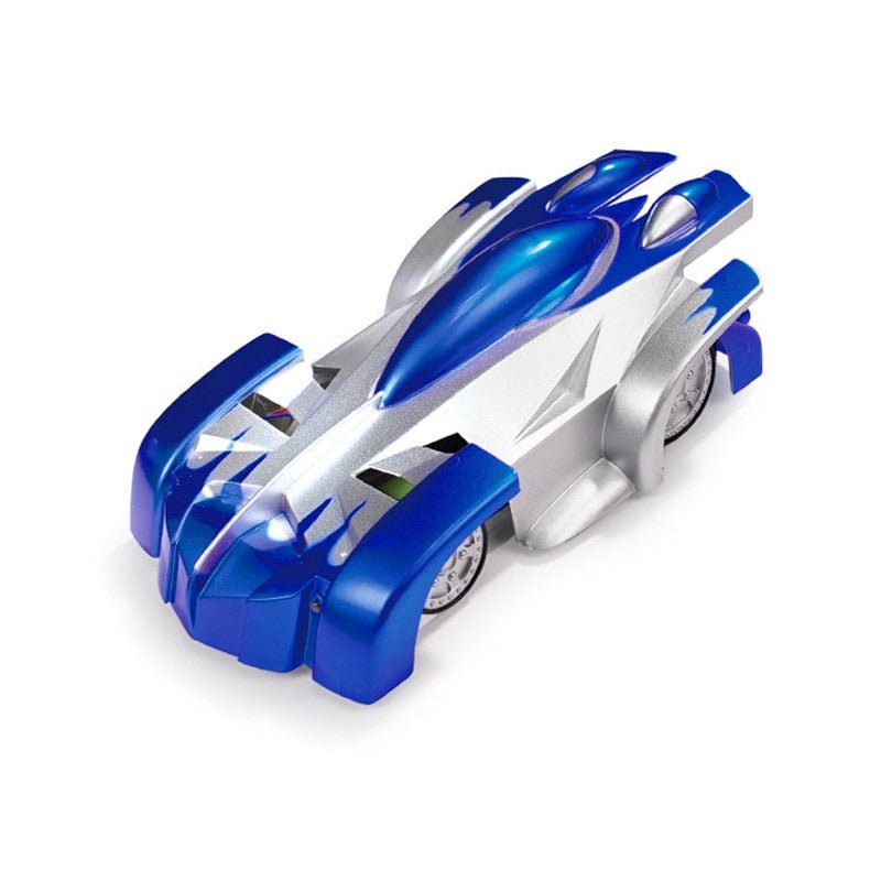 Blue and silver ceiling riding anti gravity stunt RC car for indoor racing and birthday gifting.