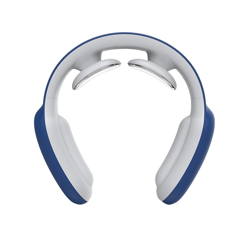 Blue and silver electric neck and shoulder massager for soothing tight muscles after work and long commutes.