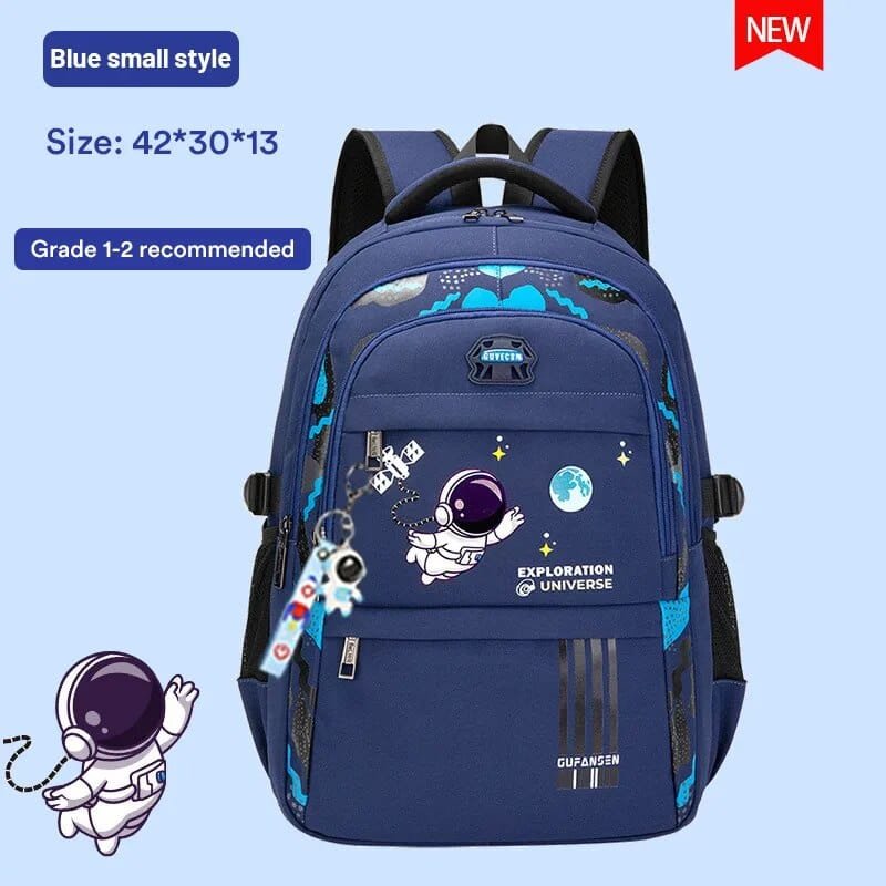 Blue space orthopedic primary backpack designed for comfortable carrying during the walk to school.