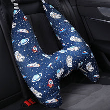 U-Shape Kids Travel Pillow in blue space print for supportive car seat comfort during longer family journeys.