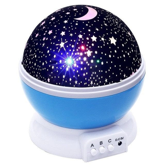 Blue starry sky LED night light projector for bedside use, calming bedtime routines, and soft room lighting.