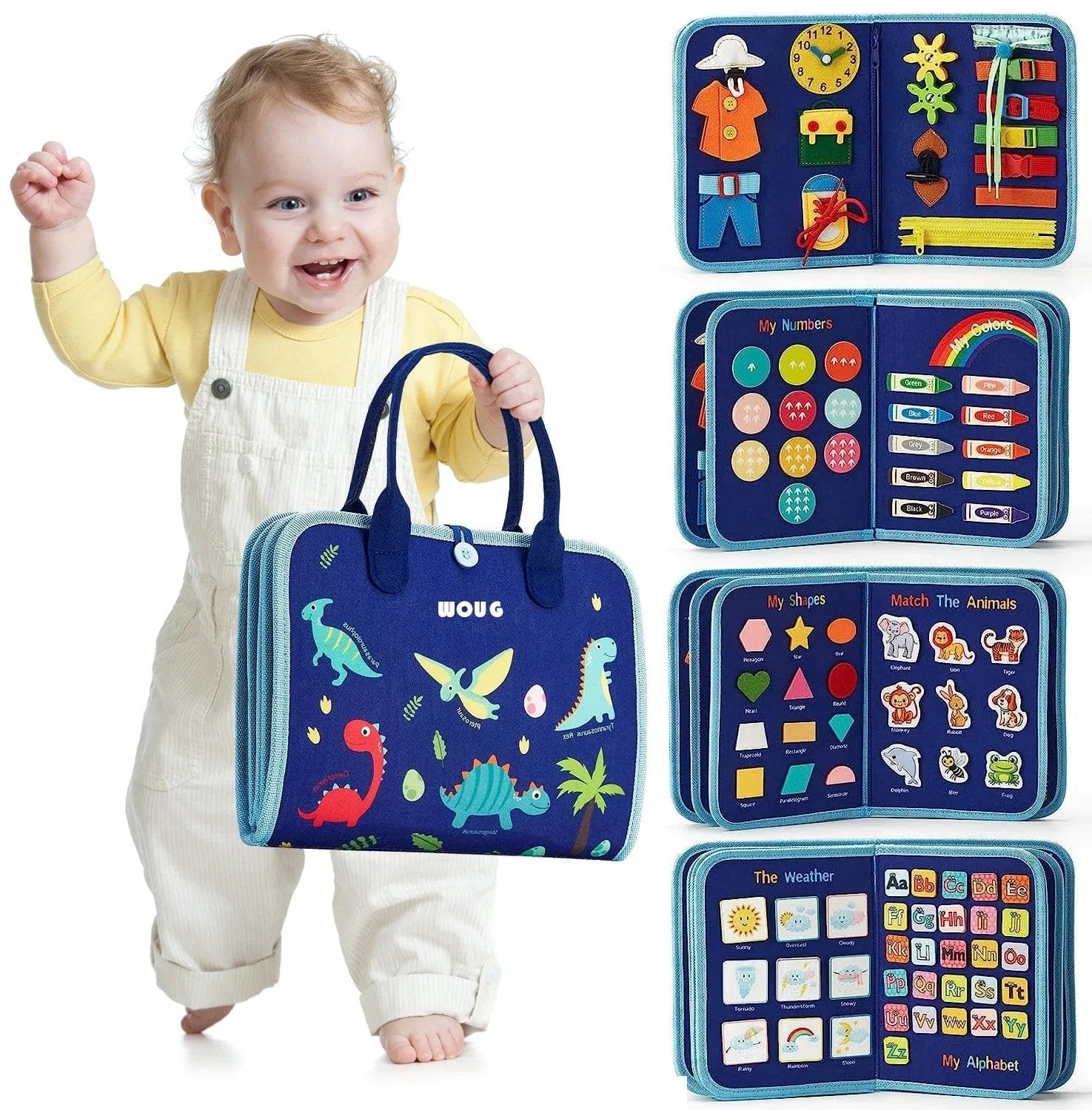 Blue Travel Busy Board with learning cards for toddler fine motor skill practice, nursery play, and travel days.