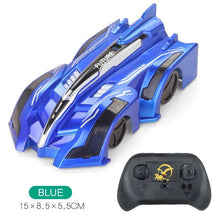 Blue Wall-Climbing RC Car with lights for wall crawling, drift stunts, and remote control fun indoors.