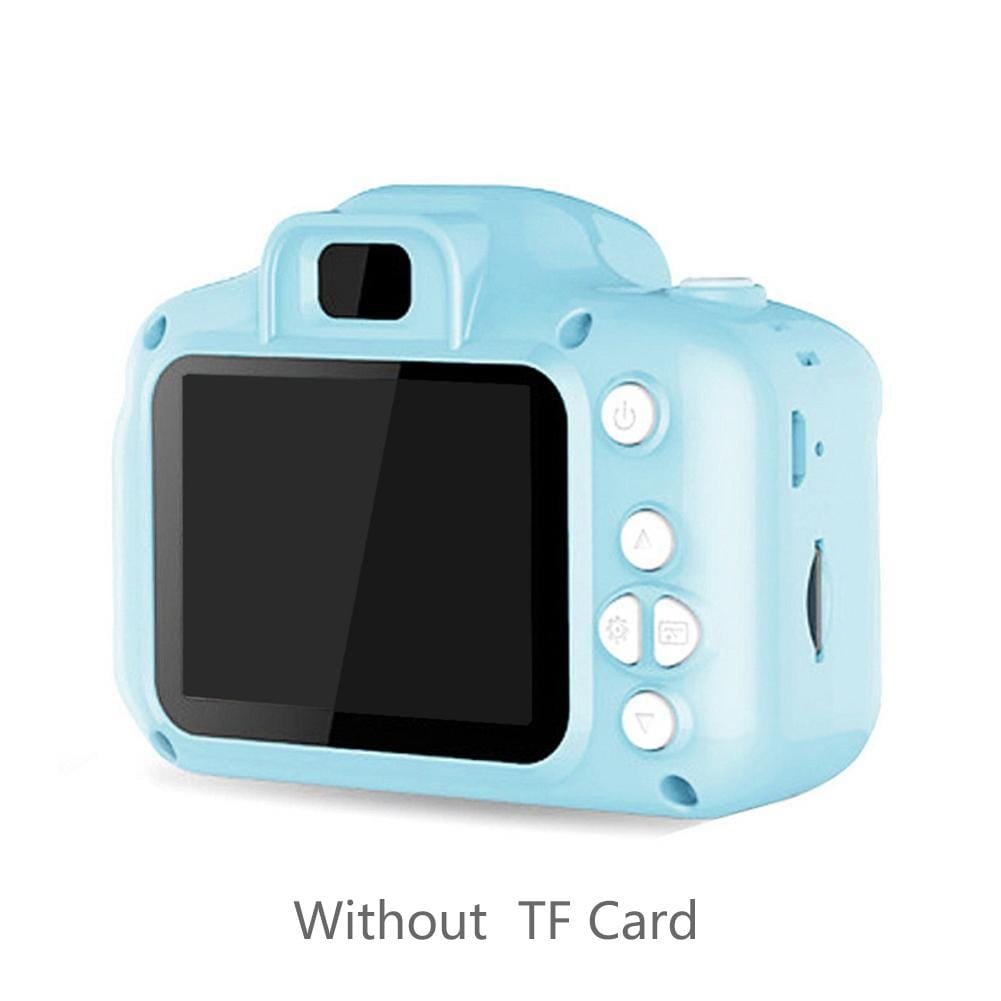 Blue Waterproof Kids Cartoon Camera side view with 8MP HD screen for capturing family trips and garden play.