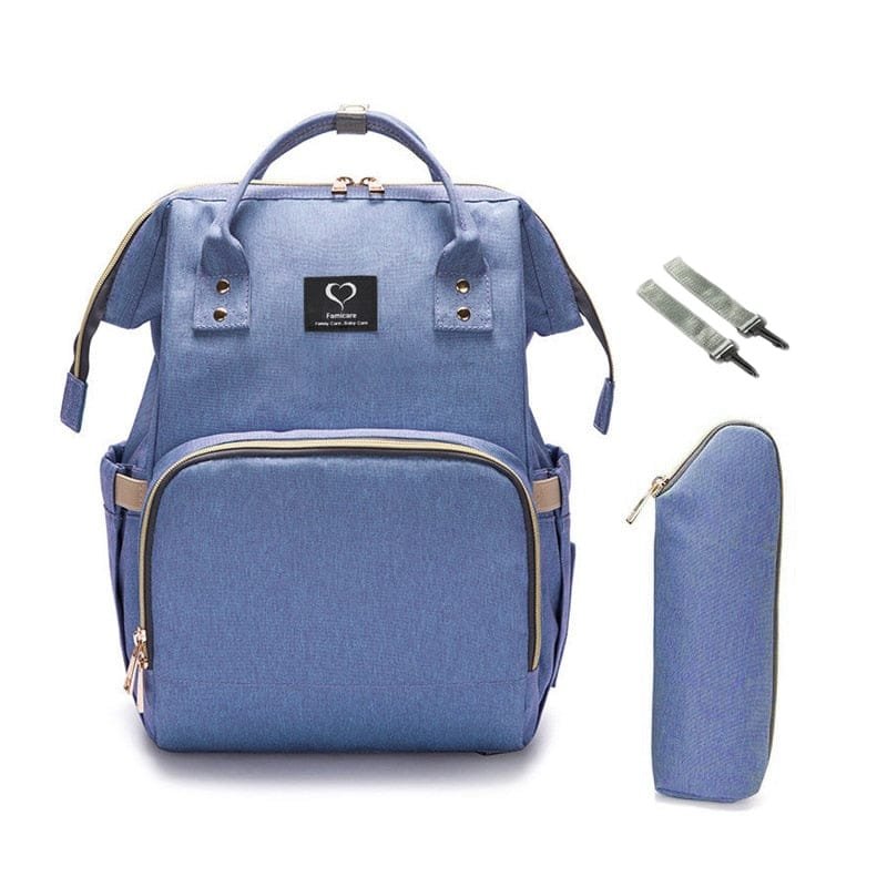 Blue waterproof maternity diaper backpack with matching pouch for sorting nappies, wipes, and feeding bottles on family outings.
