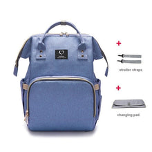 Blue USB Large Capacity Nappy Bag detail view for organised nappy changing kit storage during everyday outings.