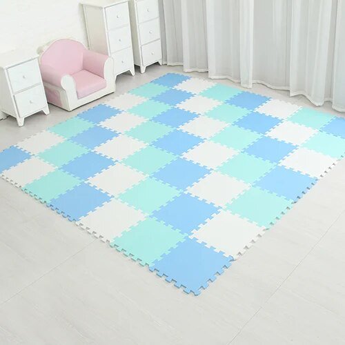 Blue, white, and green EVA foam puzzle mat 36-piece set for covering a large floor area.