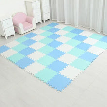 Blue, white, and green EVA foam interlocking puzzle mat tile shown for daily crawling play.