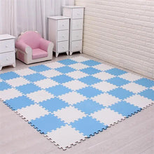 Blue and white EVA foam puzzle play mat shown in overview for daily crawling and play.