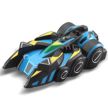 Blue and yellow electric anti gravity RC car for ceiling racing and indoor stunt challenges.