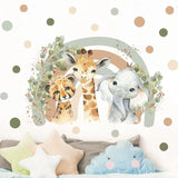 Children's room with animal-themed wall decal, pillows, and a cloud-shaped toy.