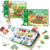 Children's busy book with colorful illustrations and magnetic pieces on a white background