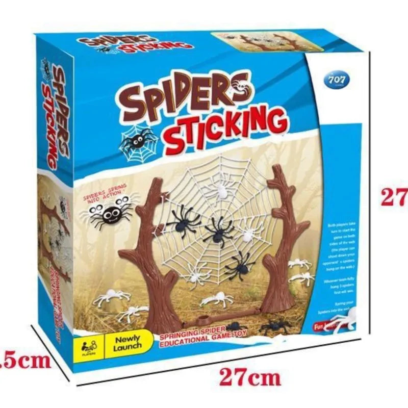 Blue spider game box with a web and tree trunks and a 27 cm width mark on the front