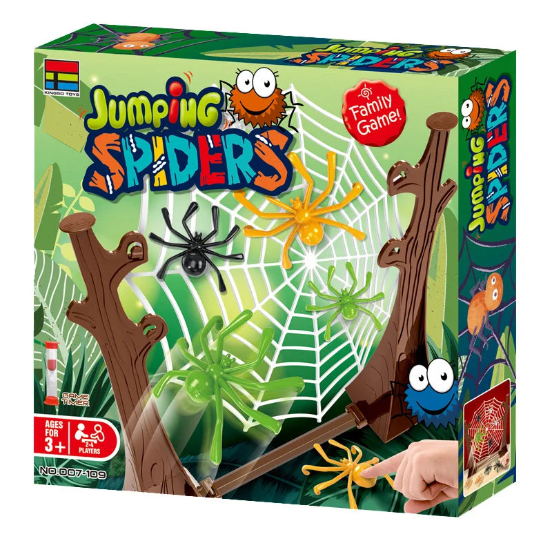 Front of the spider game box with a spider web, colorful spiders and a sand timer picture, second view