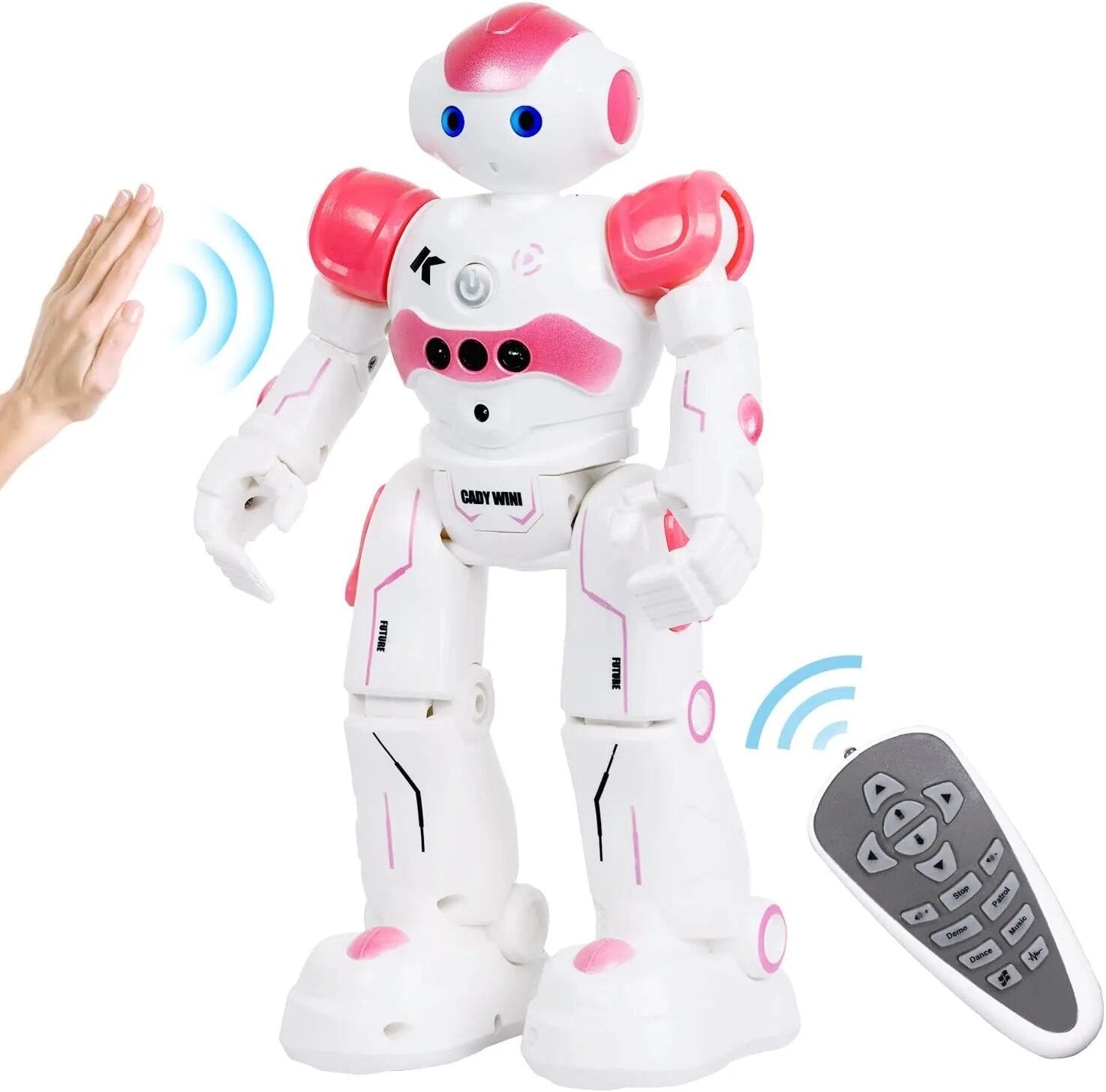 Gesture-controlled programmable robot toy for boys and girls in white and pink with remote.